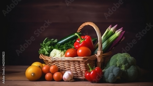 A basket of vegetables. Web banner with copy space. Generative AI