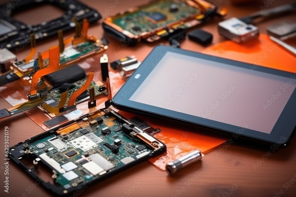 tablet with broken lcd display among disassembly gadget AI Generated tablet with broken lcd display among disassembly gadget AI Generated