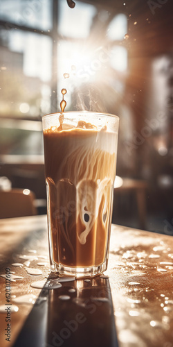 Generative AI, glass with coffee, splashes, drink, espresso, cappuccino, latte, coffee house on the background, space for text, milk foam, mocha cup, cafe advertising © Julia Zarubina