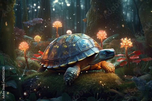 Enchanting Forest Scene: 3D Illustration Turtle Gazing at Fairy Lights © Maxim