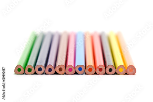 Set of colored pencils of twelve colors white background.