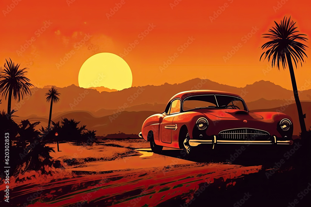 Nostalgic Sports Car Journeying into a Fiery Sunset Illustration