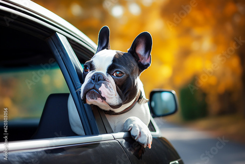 French bulldog looking out of the car window, autumn leaves in background. selective focus. © Slava