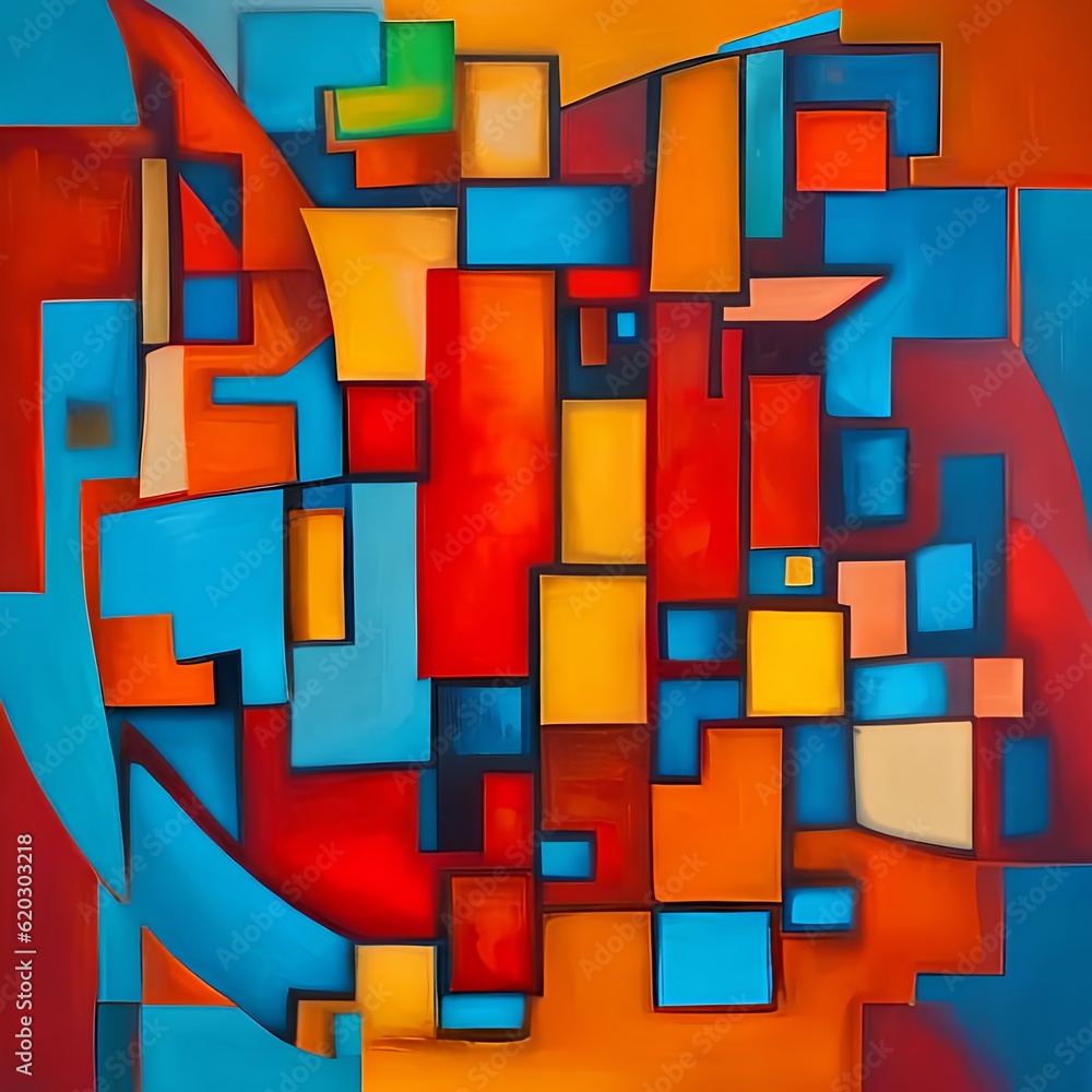 Abstract painting with shapes in blue and red, generative AI Abstract painting with shapes in blue and red, generative AI