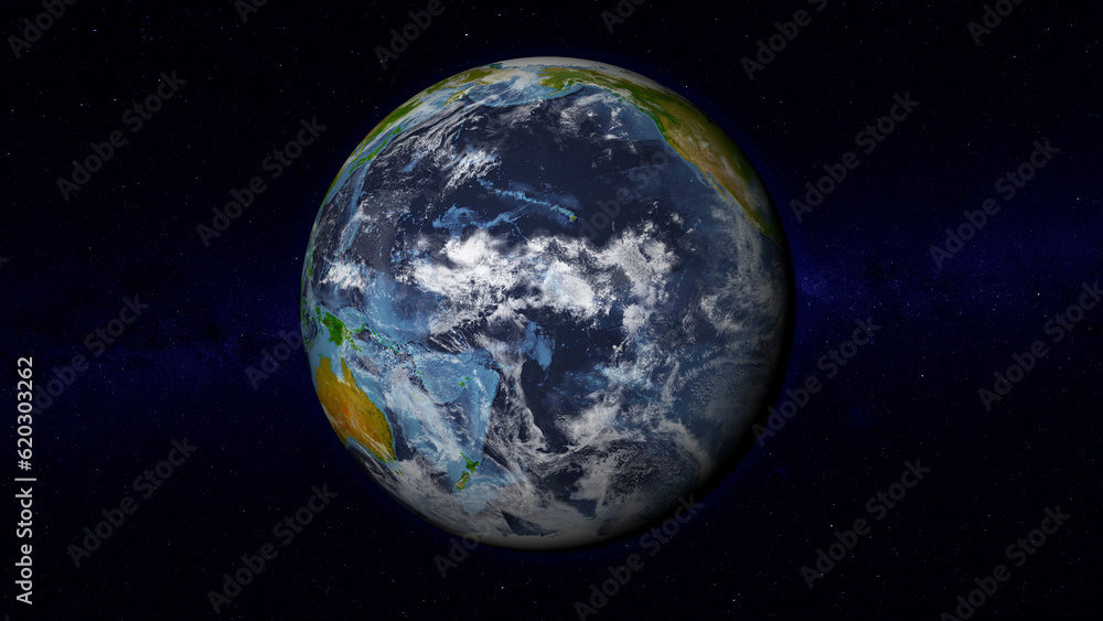 Realistic Earth globe focused on Pacific Ocean. Day side of Earth illuminated by sunshine and stars of universe on background. Elements of this image furnished by NASA