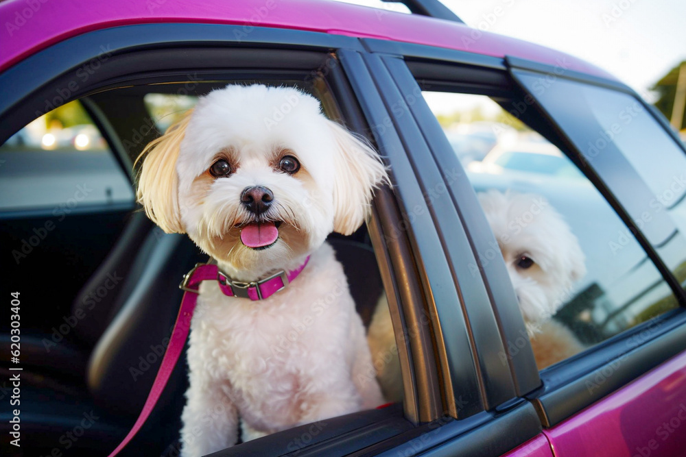 Cute Maltese dog looking out of car window, selective focus. Cute Maltese dog looking out of car window, selective focus.