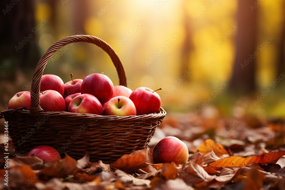 apple harvest in grass basket autumn fall leaves and background apple harvest in grass basket autumn fall leaves and background