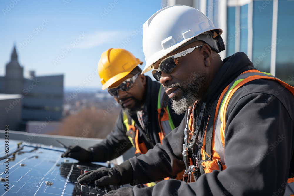 Solar panel installers at work. Diversity at workplace. Solar panel installers at work. Diversity at workplace.