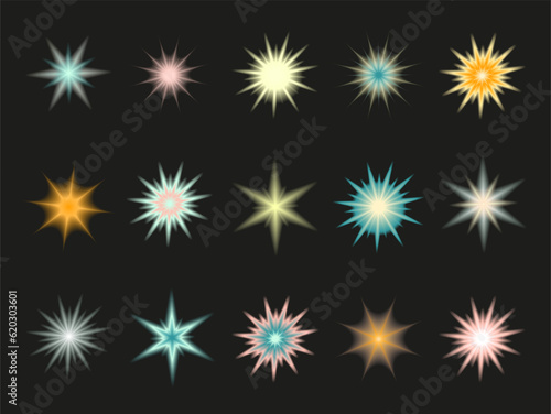 Y2k style shapes blurred gradient set. Aura aesthetic elements star, sun. Vector illustration.