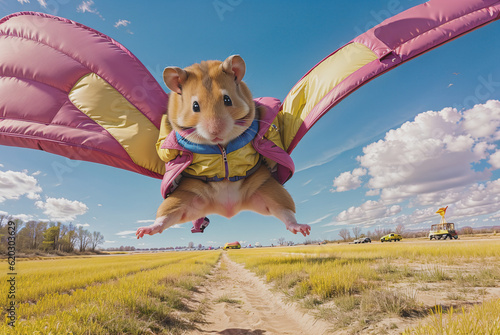 funny hamster with spread parachute wings wearing yellow jacket and blue jeans pants dropped from airplane in freefall having fun on blue sky background, generative AI photo
