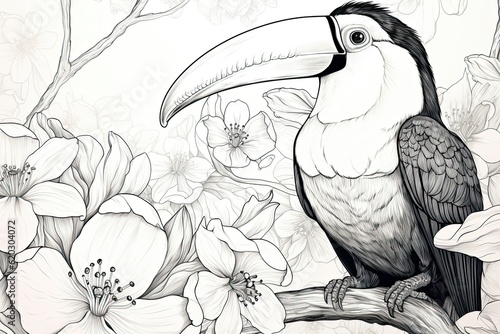 Coloring book for children, in black and white lines. bird toucan