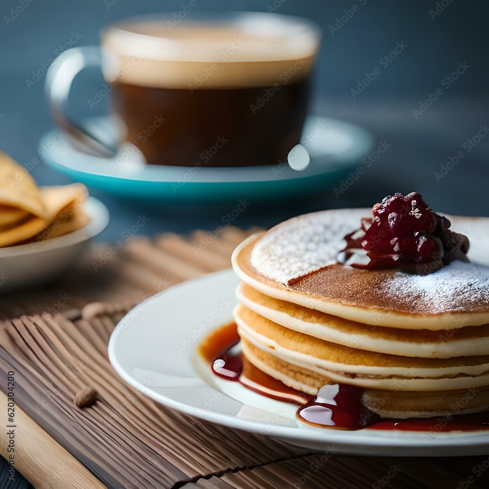 Pancake with cream and jam on a neutral background created and generated by AI Pancake with cream and jam on a neutral background created and generated by AI