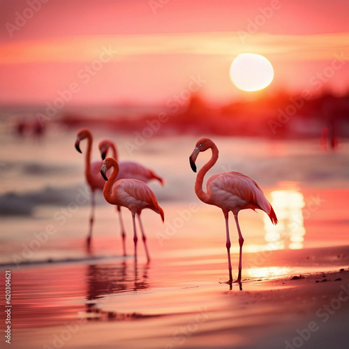 flamingos at sunset