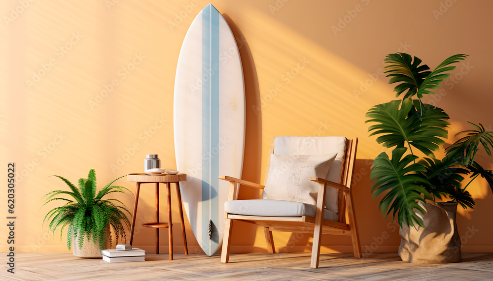 Interior of living room with surfboard, armchair and houseplant. 