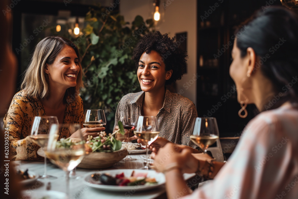 Group of friends having dinner together in a restaurant. Women talking and laughing.