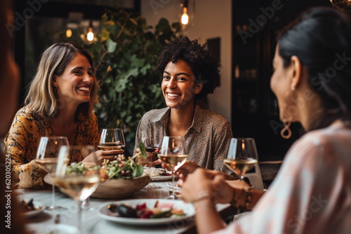 Group of friends having dinner together in a restaurant. Women talking and laughing.