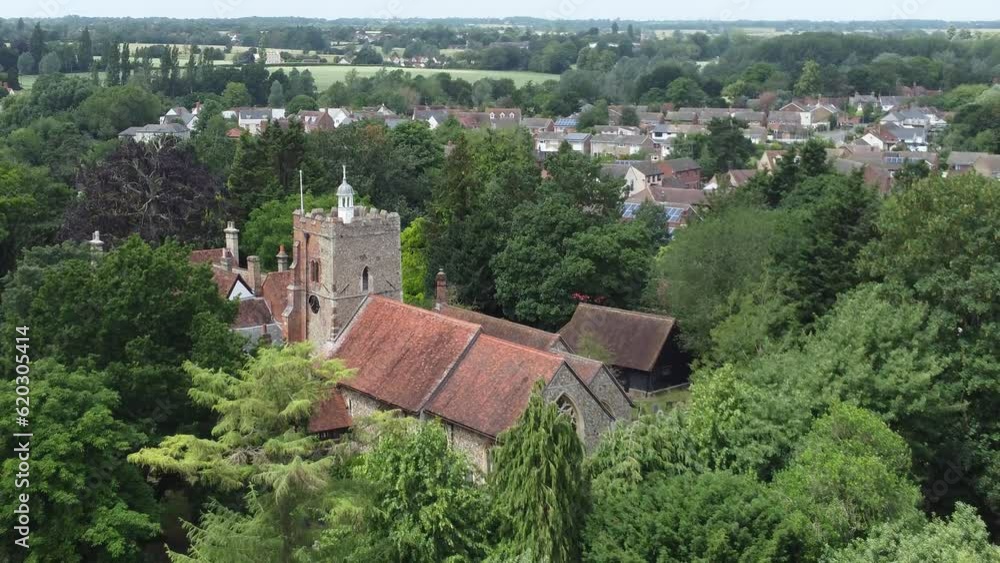 Aerial view of Little Waltham Church flying away. Little Waltham is a small village near Chelmsford, in Essex, UK. Aerial view of Little Waltham Church flying away. Little Waltham is a small village near Chelmsford, in Essex, UK.