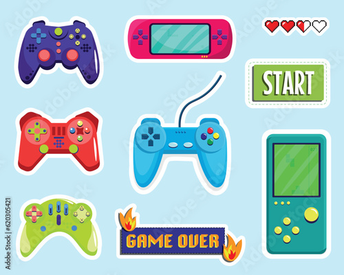 Set of cute video game stickers in cartoon style. Vector illustration of multicolored stickers with wired and wireless joysticks, Start and Game over inscriptions isolated on blue background.