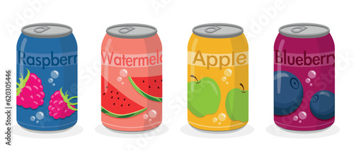 Set of delicious energy drinks in cartoon style. Vector illustration of sweet drinks with different flavors: blackberry, watermelon, apple, blueberry isolated on a white background.