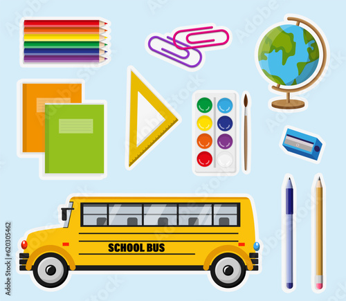 Set of cute school stickers in cartoon style. Vector illustration of colored different stickers: pencils, notebooks, paper clips, paints, globe, ruler, sharpener, school bus.