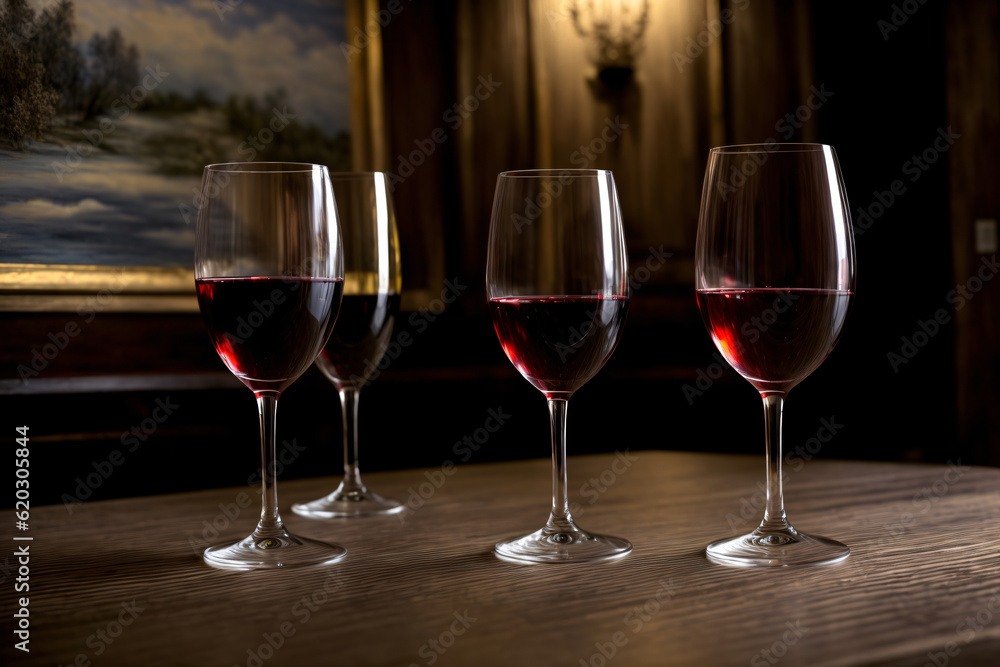 Three Glasses Of Wine Sitting On Top Of A Wooden Table