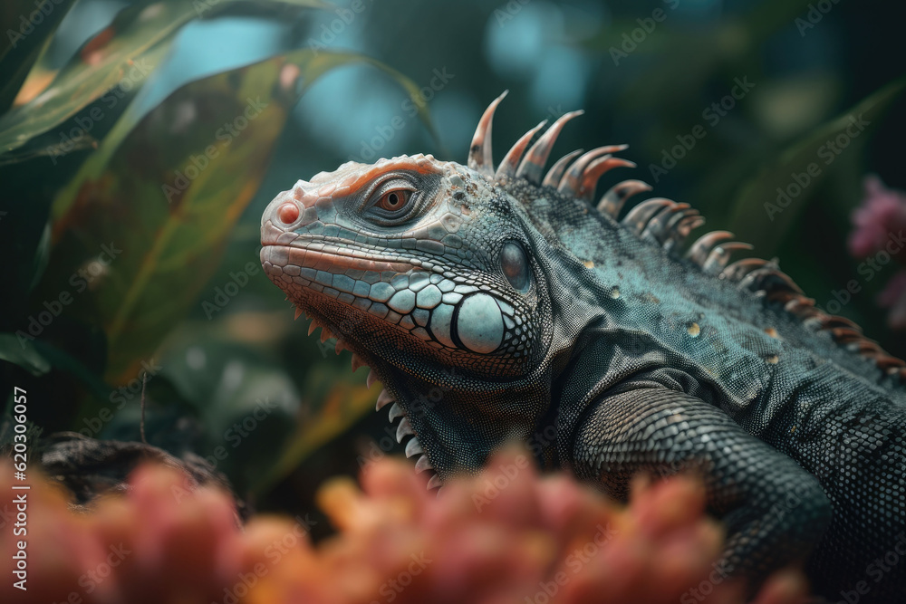 Obraz premium Iguana in the tropical rainforest. Lizard in the jungle. Generative AI