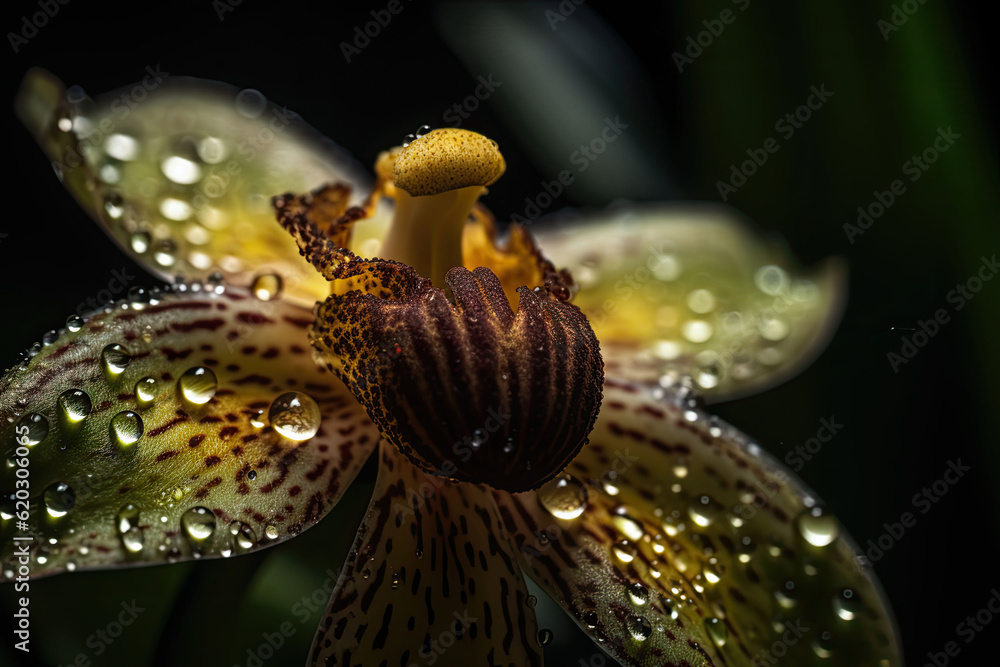 An orchid in full bloom with water drops on petals. A striking macro shot of a orchid. Generative AI