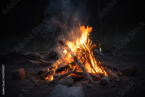 Campfire at touristic camp in the night. Flame and fire sparks on dark background. Generative AI