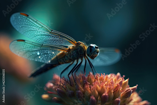 A macro shot of a dragonfly with delicate transparent wings on a flower. Generative AI © barmaleeva