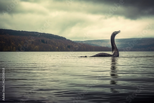 Loch Ness monster Nessie in the lake. Generative AI