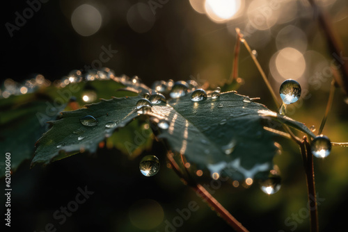 Drops of clean transparent water on leaf. Spring summer natural background. Generative AI