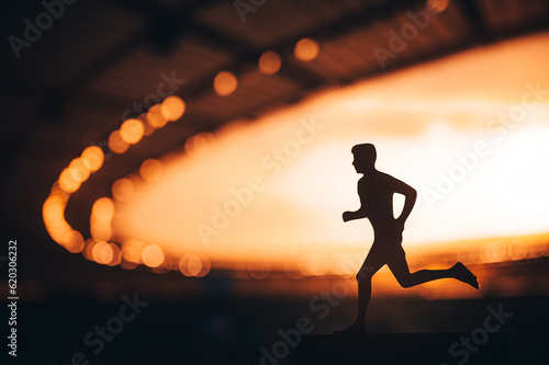Silhouette of a Male Athlete, an Endurance Runner, Emerges Strong against the Blurred Background of a Modern Sports Stadium