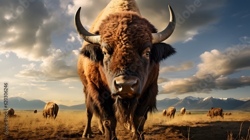The front view of a buffalo on the western plains. Created using generated AI.  photo