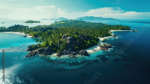 Aerial footage of a tropical island surrounded by beautiful ocean
