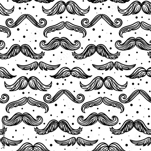 A pattern of graphic icons with a hipster mustache in the grunge style. A large collection of mustaches with linear texture and dot decor. Vector illustration. For printing on textiles and paper