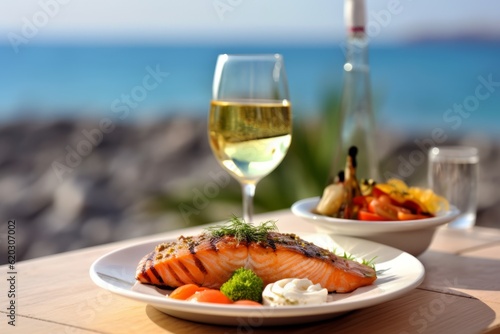 Grilled salmon and two glasses with white wine a on a table in a restaurant by the sea. Generative AI.