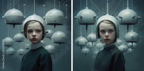 70s Sci-Fi Style Hyper Realistic Drawing of Two Android Sisters