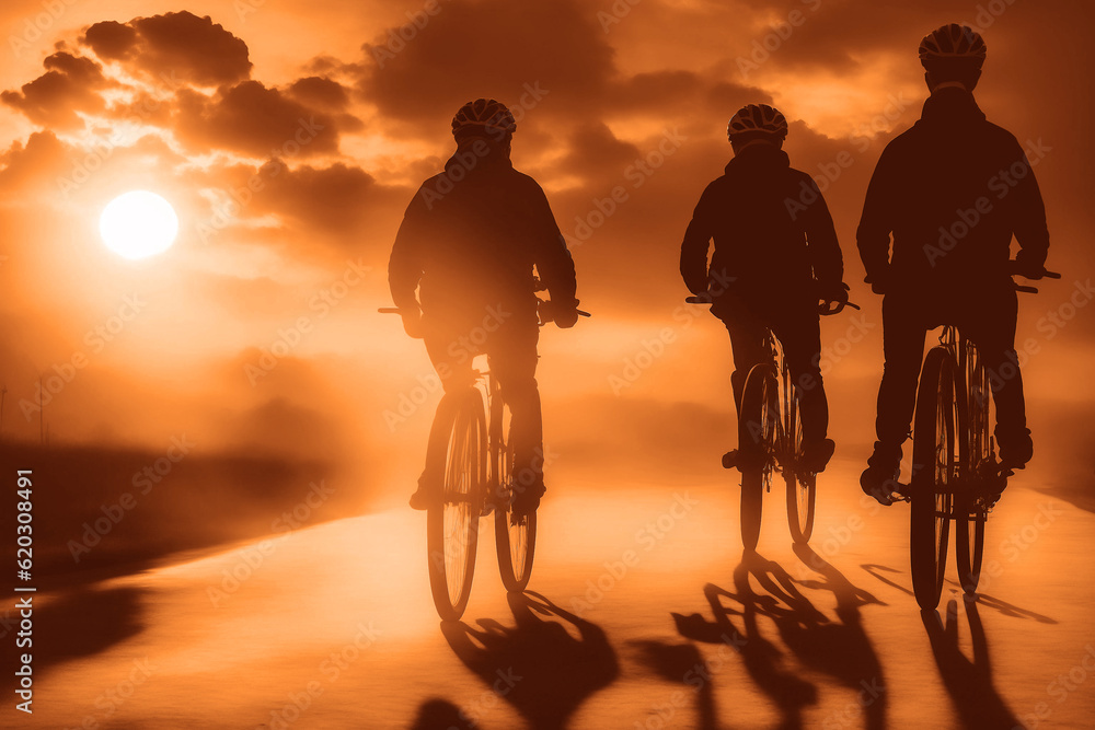 Fototapeta premium Silhouette of 3 male bicyclist on their mountain bikes having a rest. Sports, activity and bicycling concepts. Three bicycles on the bike path, against the light. Back , rear view. Generative ai.