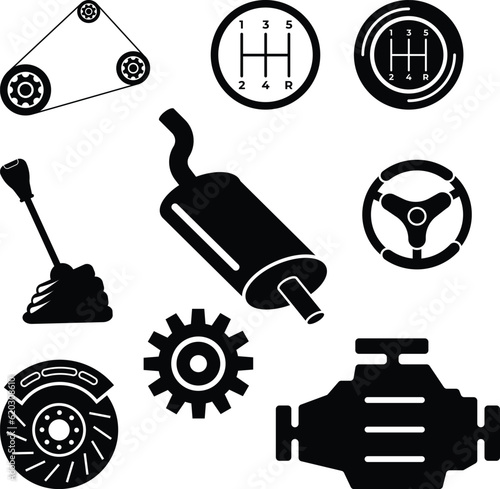 Timing Belt, Gear Stick, Engine, Steering Wheel, Brake Pads, Exhaust Pipe and Grinding Gear Car Spare Parts Icon Set