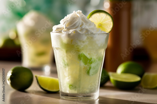 Glass of Creamy Swiss Lemonade. A refreshing and tangy drink made with lime pieces with peel, ice cubes, sugar,  water and condensed milk.