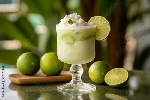 Glass of icy and refreshing Frozen Margarita. Delightful blend of tequila, lime juice, and triple sec, blended with ice for a frosty and tangy cocktail.  photo