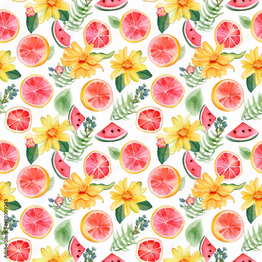 Floral Summer Seamless Pattern with fruits desing 