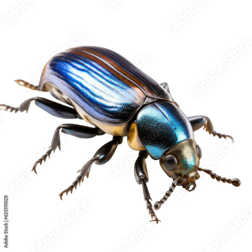 a vibrant blue beetle perched on a rustic wooden stick