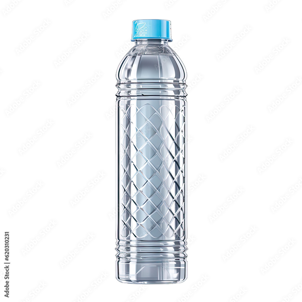 a plastic water bottle with a blue cap