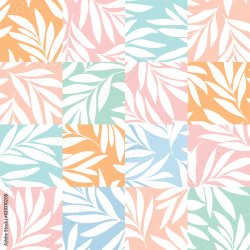 Seamless abstract floral background , pink, blue, green squares and white leaves. Vectnor floral patter
