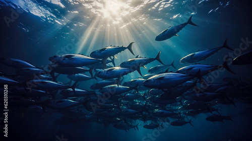 school of atlantic bluefin tuna (Thunnus thynnus) swimming in the deep waters of the Atlantic Ocean photo