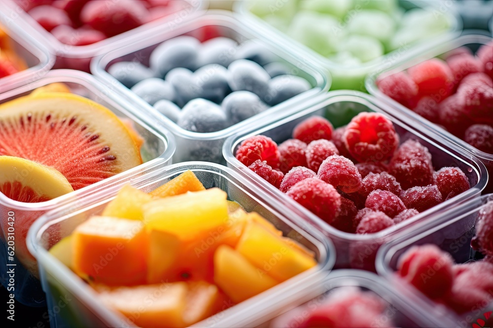 frozen fruits and vegetables in the freezer in plastic containers ecology concept