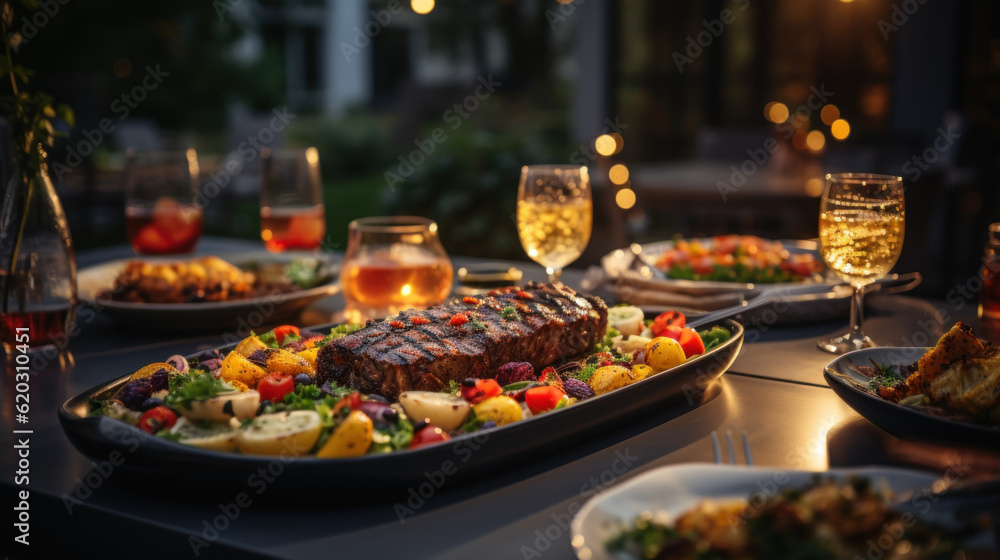 Backyard Dinner Table with Tasty Grilled Barbecue created with generative AI technology