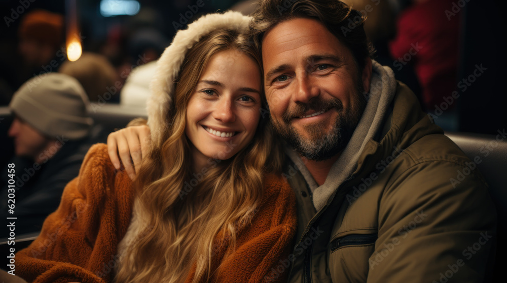 A couple in their 40s enjoying a cold evening in town, cuddled up on the bench created with generative AI technology A couple in their 40s enjoying a cold evening in town, cuddled up on the bench created with generative AI technology