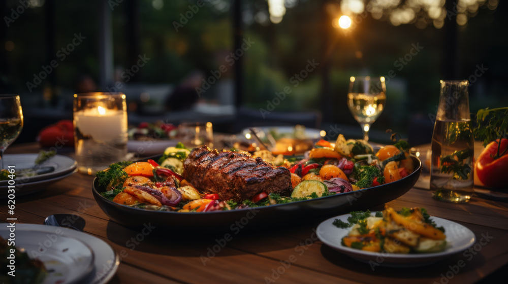 Backyard Dinner Table with Tasty Grilled Barbecue created with generative AI technology Backyard Dinner Table with Tasty Grilled Barbecue created with generative AI technology